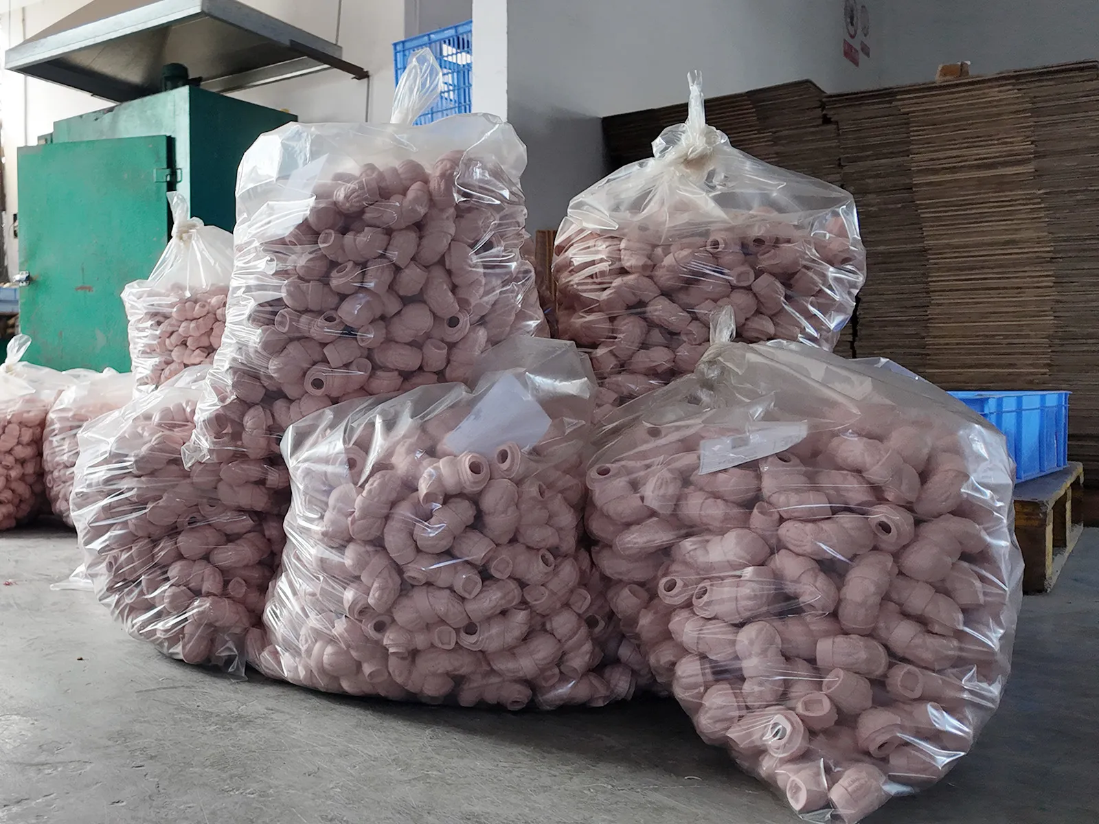 Packaged toy parts ready to be sent to the assembly workshop.