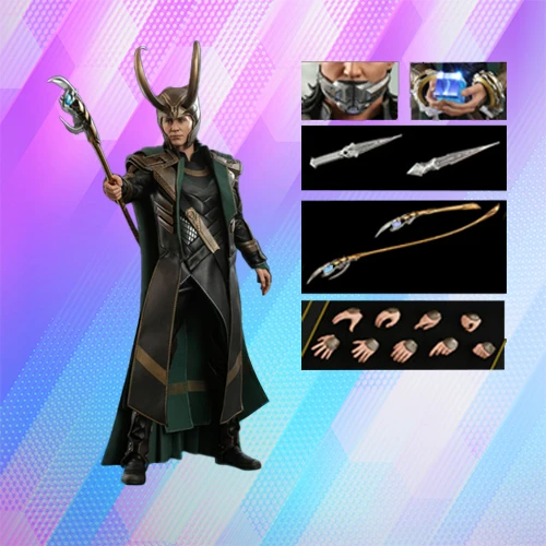 The action figure of Loki, along with abundant accessories