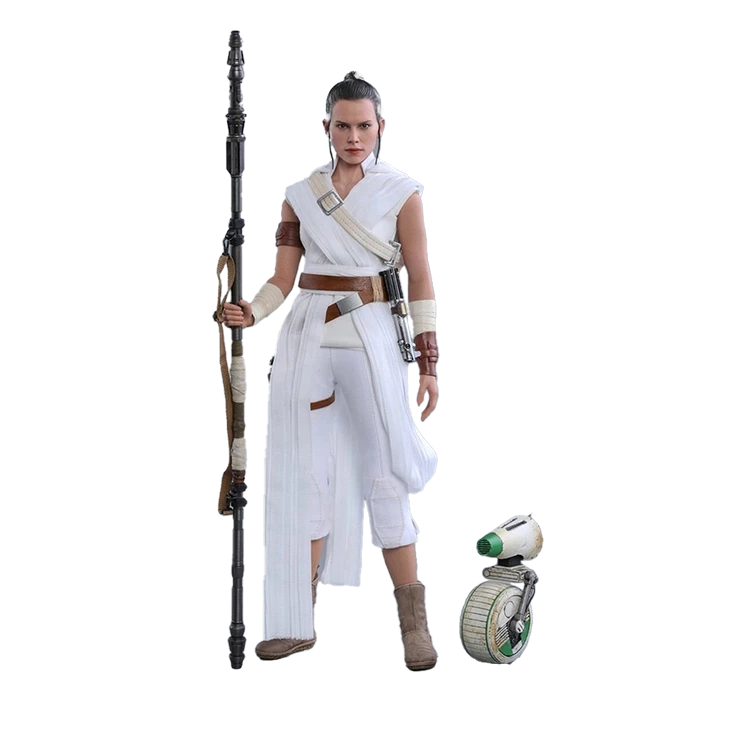 Rey in white attire, holding a long staff