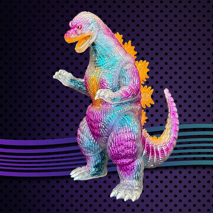 Sofubi Godzilla with pink, purple, blue, orange and other color tones