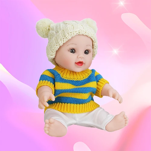 Simulation baby doll with yellow and blue striped sweater