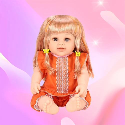 cute vinyl doll with pink hair and blue eyes